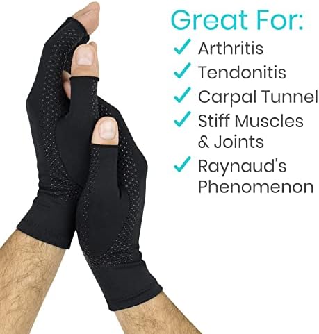 Vive Copper Infused Fingerless Arthritis Compression Gloves (Pair) - Relief for Men, Women, Rheumatoid, Swelling, Carpal Tunnel, Tendonitis, Edema, Hand & Finger Pain - Comfortable Non-Slip (Large)