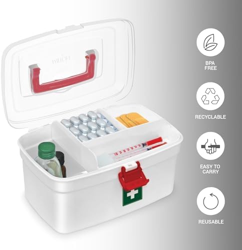 MILTON Medical Box, First Aid Empty Medicine Storage Box Organizer Family Emergency Kit Detachable Tray Easily Accessible with a Transparent Lockable Lid White - Set of 2