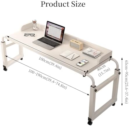 ZAIHW Overbed Table with Wheels, Adjustable Height 65-95cm (25.6-37.4in), Width 100-230cm (39.4-90.6in), Black