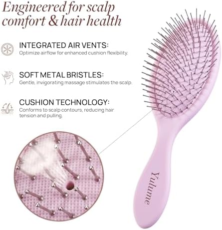 Air Cushion Paddle Brush, Steel Pins Scalp Massager, Pain-Free Detangling Brush for Curly, Thick Hair, Wet & Dry Use, Anti-Static, with Tail Comb & Non-Slip Clip, Pink 1Pc