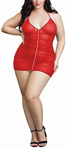 Plus Size Sheer Stretch Mesh Babydoll Dress Zipper Shirring Halter Chemise Curvy Sexy Lingerie for Women