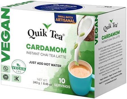 QuikTea Instant Vegan Cardamom Chai Tea Latte – 10 Count, Warm and soothing Cardamom Flavor, low Caffeine, no artificial colors, flavors or preservatives – Just Add Hot Water, Kosher, non-GMO