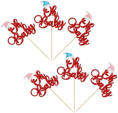 Gyufise 24Pcs Christmas Oh Baby Cupcake Toppers Blue Pink Hat Red Glitter Santa Oh Baby Cupcake Picks Decorations for Winter Christmas Theme Birthday Party Supplies
