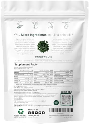 Organic Spirulina Chlorella Tablets, 3,000mg Per Serving, 720 Tablets (4 Month Supply) | 50/50 Blend Superfood | Cracked Cell Wall for Better Absorption | Rich in Vegan Protein & Chlorophyll