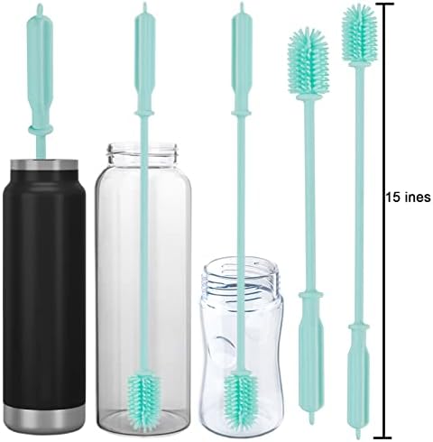 Long Silicone Bottle Brush, Reusable Baby Water Bottle Brushes for Cleaning Narrow Neck Containers with Soft Bristles, 15" Silicone Straw Brushes (Green)