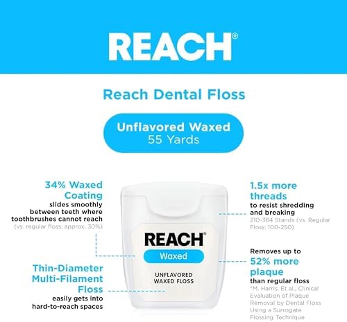 Reach Unflavored Waxed Dental Floss for Oral Care & Removal of Plaque & Food from Teeth & Gum Line, Accepted by The American Dental Association (ADA), Unflavored, 55 yds (Pack of 6)