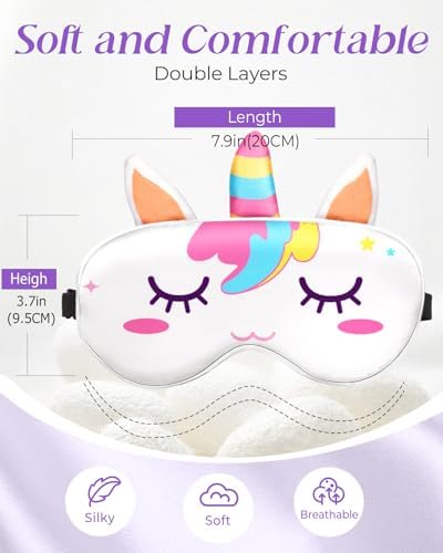 Miss Adola Sleep Mask for Kids - Valentines Gift for Kids Cute Silk Eye Cover for Sleeping Soft Kawaii Eyeshade Animal Eye Blindfold with Adjustable Strap for Girls Teens, Unicorn