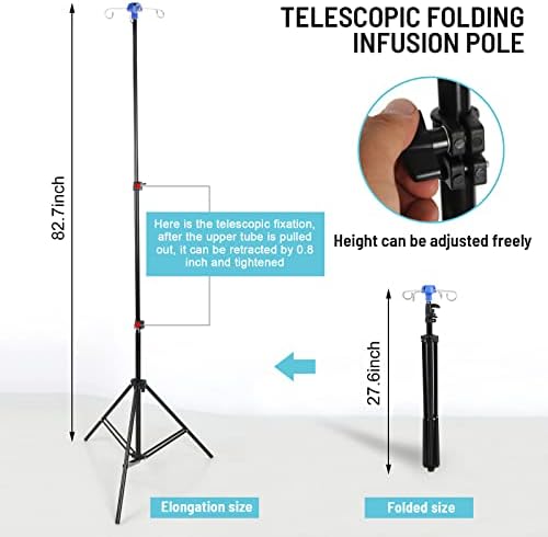 Portable Collapsible IV Pole Stand, Aluminum Alloy, 4 Hook 3 Leg, Adjustable Height ，for Hospitals, Clinics, Wheelchairs and Beds