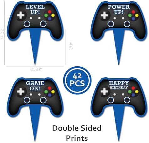 Blue Video Game Controller Cupcake Toppers, Set of 42 – Gamer-Themed Decorations for Birthdays and Events by Pretty Cute Studios