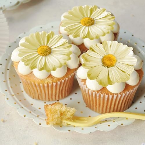 60Pcs Edible Daisy Cupcake Toppers Wafer Paper Flower Cake Topper Decorations Flower Chrysanthemum Party Decorations for Birthday Wedding Kids Birthday Party Supplies Yellow