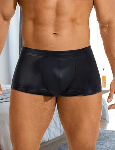 ohyeahlady Men's Faux Leather Boxer Briefs Black Soft Pouch Trunks Stretchy Plus Size Night Underwear Panties Club Wear