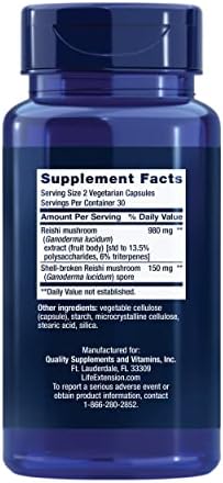 Life Extension Reishi Extract Mushroom Complex - Mushrooms Herbal Supplement for Immune Support – Ganoderma Lucidum Extract - Gluten-Free, Non-GMO, Vegetarian – 60 Capsules
