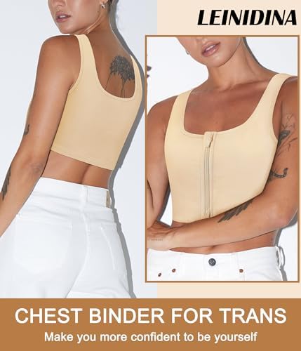 LEINIDINA Chest Binder Tomboy Transgender FTM Square Collar with Front Zipper Binder Bra Tank Top