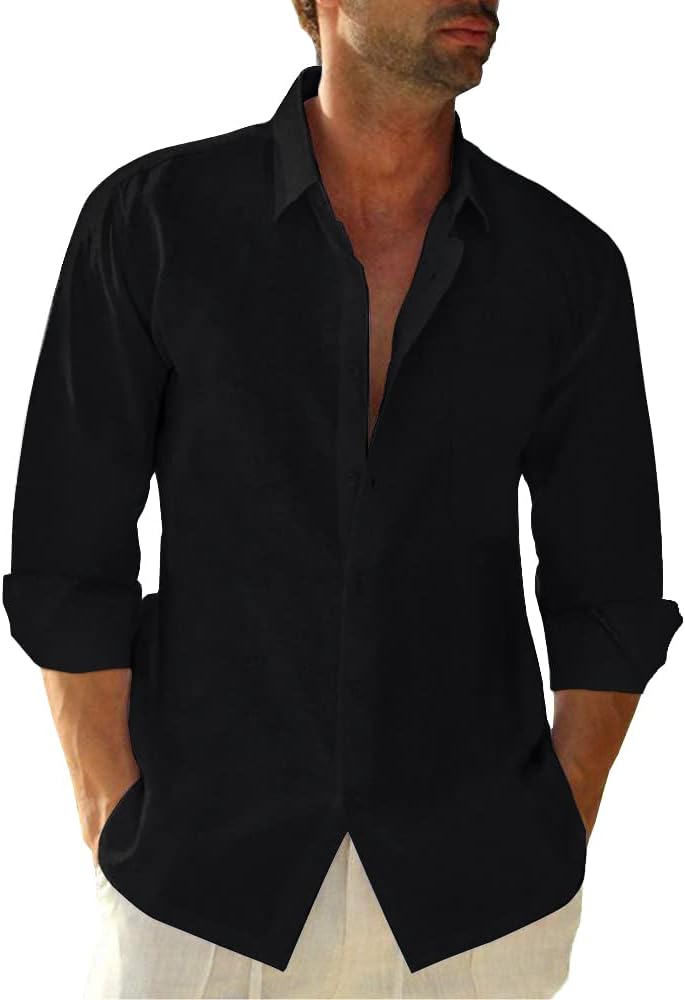 Button Down Linen Shirts for Men Casual Long Sleeve Regular Fit Cotton Beach Shirts with Pocket