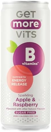 Get More Vits B Vitamins Sparkling Spring Water – Apple & Raspberry, 12 x 330ml Cans – Zero Sugar, Low Calorie Energy Drink – 100% Daily Dose of 6 B-Vitamins (B12, B6, B1, B3, B5, B7) – Vegan & Gluten