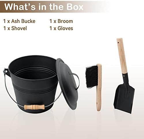 Poofzy Ash Bucket with Lid, Small Fireplace Ash Bucket with Lid and Shovel, 1.3 Gallon Metal Bucket for Fireplace with Hand Broom and Gloves, Fireplace Bucket for Ashes for Wood Stove and Fire Pit