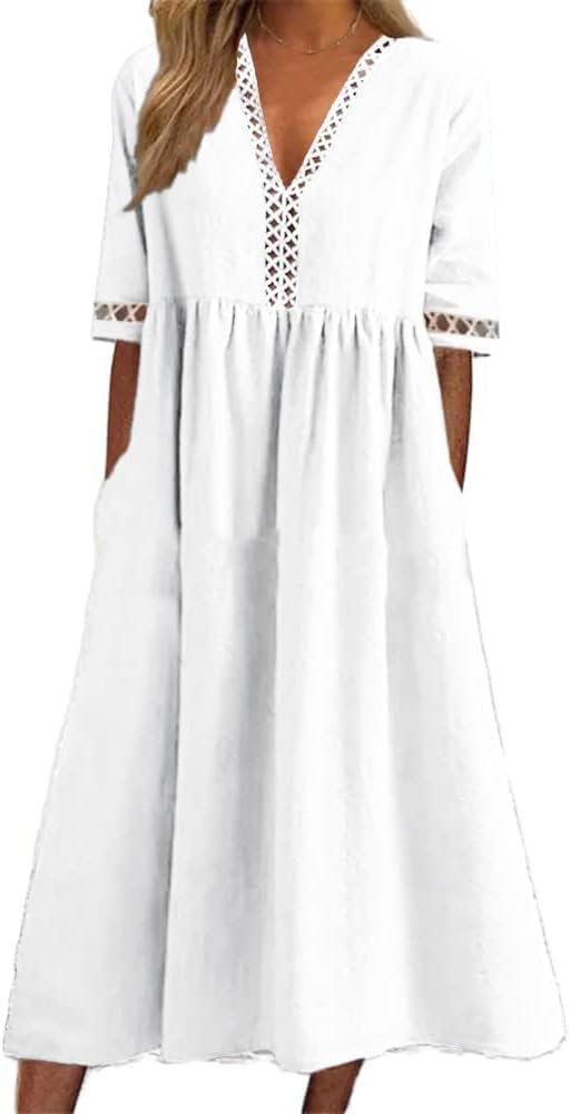 LOAIHA Floral Midi Dress for Women Short Sleeve Flowy Dresses with Pockets Linen Dress Plus Size Summer Loose Boho Sundress