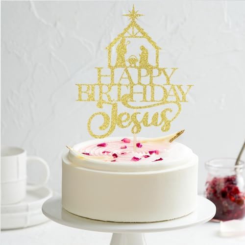 Happy Birthday Jesus Cake Topper-Gold Glittery Jesus Birthday Cake Decorations,Christian Christmas Cake Decoration,Nativity Scene Christmas Party Decoration (gold)