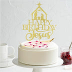 Happy Birthday Jesus Cake Topper-Gold Glittery Jesus Birthday Cake Decorations,Christian Christmas Cake Decoration,Nativity Scene Christmas Party Decoration (gold)