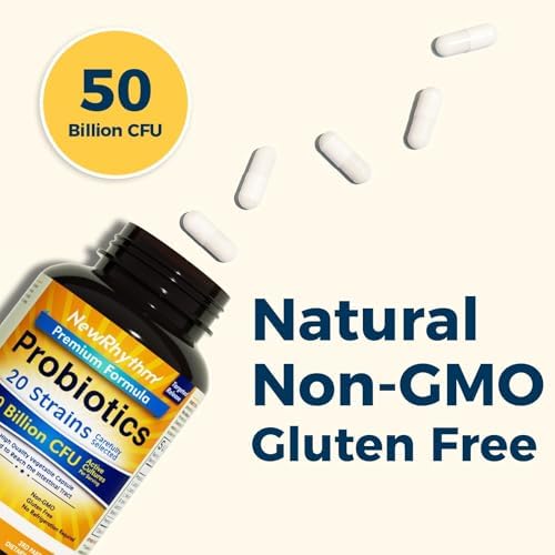 NewRhythm Probiotics 50 Billion CFU 20 Strains, 120 Veggie Capsules, Targeted Release Technology, Stomach Acid Resistant, No Need for Refrigeration, Non-GMO, No Gluten