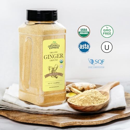 HQOExpress Organic Ground Ginger – Non GMO, Kosher, USDA Certified Organic Ginger Powder – Hot and Spicy Aromatic Seasoning for Baking, Rubs, Marinades and Smoothies, 14 oz. Chef Jar
