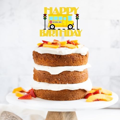 School Bus Happy Birthday Cake Topper,Ready to Rule the School Cake Topper,Back to School First Day Party Centerpiece,Child Boys Girls School Themed Party Supplies Gold Glitter