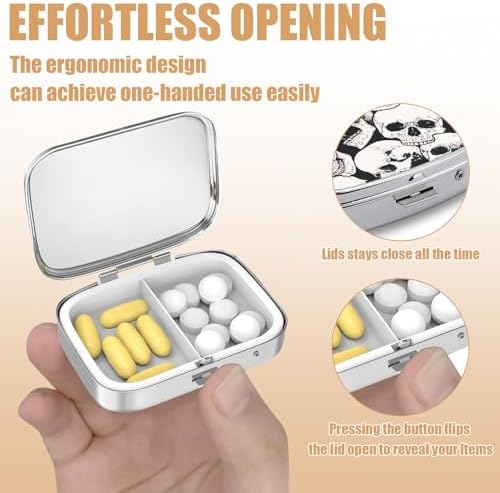 Pill Box-2 Compartment Small Pill Case Square Organizer Case with Mirror Portable Metal Medicine Box Travel Container for Pocket & Purse Women Men（Halloween Skull）