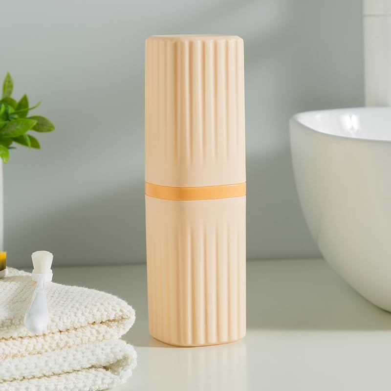 Travel Toothbrush Case, 2 in 1 Portable Tooth Brush Holder Cup Toothpaste Cover Container for School Camping Business Trip Bathroom, Yellow