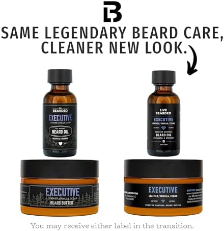 Live Bearded Beard Oil and Butter Grooming Kit - Made in the USA - All-Natural Ingredients with Shea, Argan, Jojoba - Growth Support | Executive Scent - Cedar, Vanilla