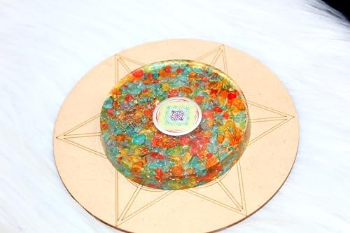 Jet International Mix Onyx Orgone Chakra Balancing Coaster and Positive Energy Generator Flower of Life and with 7 Healing Crystals for Spiritual Balance, Meditation, Reiki Gift