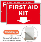 First Aid Sign, (2 Pack) Self Adhesive First Aid Kit Sign for Wall, Aluminum Metal Signs With 2 Pre-drilled Holes (9 x 6 inches, Red/White)