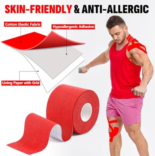 5 Rolls Kinesiology Tape, 2 inch x 16.4 Feet Waterproof Athletic Tape, Uncut Kinetic Tape, Muscle Tape, Sports Tape, Knee Tape for Exercise and Daily Use - Red