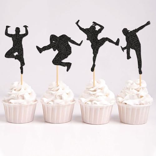 Ercadio 28 Pack Hip-hop Dancers Cupcake Toppers Black Glitter Dancers Cupcake Picks Music Dancer Cake Picks for Music Theme Birthday Party Cake Decorations Supplies