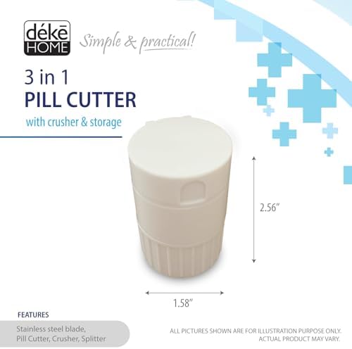 Deke Home - 3 in 1 Pill Cutter & Crusher with Storage, Compact Pill Splitter with Stainless Blade, Powder Grinder & Travel Cup, Best for Scored Tablets, Vitamins & Medication, BPA Free