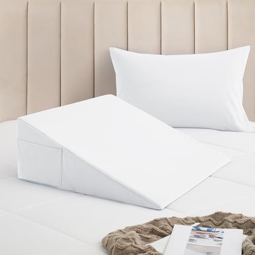 Horbaunal White Bed Wedge Pillow Cover with Zipper Design, Wedge Pillowcase Protector with Side Pocket for Storage, 26" L x 25" W x 7.5" H(Pillow Not Include)