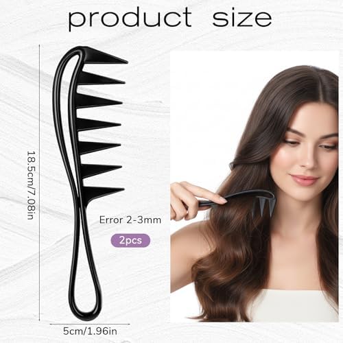 2 Pcs Wide Comb for Curly Hair, Large Shark Teeth Hair Combs, Wide Tooth Comb, Anti-Static Black Hairs Styling Hairstyle Tool, Barber Salon