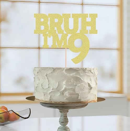 Bruh I'm 9 Cake Topper - Gold Glitter Funny 9th Birthday Cake Decorations for Boys, Bro I'm 9/ Cheers to 9 Years Cake Decor for Brother Birthday Party Supplies Photo Booth Prop