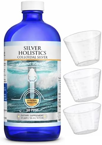 Colloidal Silver Liquid by Silver Holistics - 16 Oz. Glass Bottle - 10 PPM with Measuring Cups for Immune Support