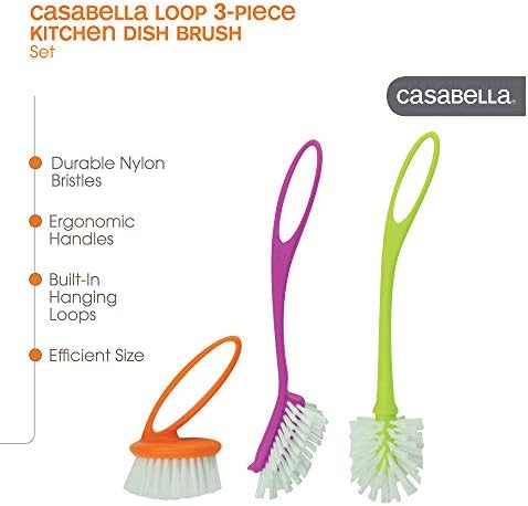 Casabella Loop 3-Piece Dish Brush Set - 15519AZ(Colors May Vary), Red Yellow Purple