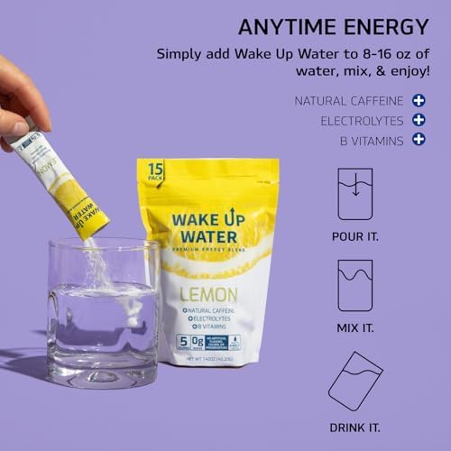Wake Up Water Energy Drink Mix, Sugar Free Clean Energy Powder with Electrolytes & B Vitamins, Natural Caffeine for Focus & Hydration (15 Pack) - Lemon