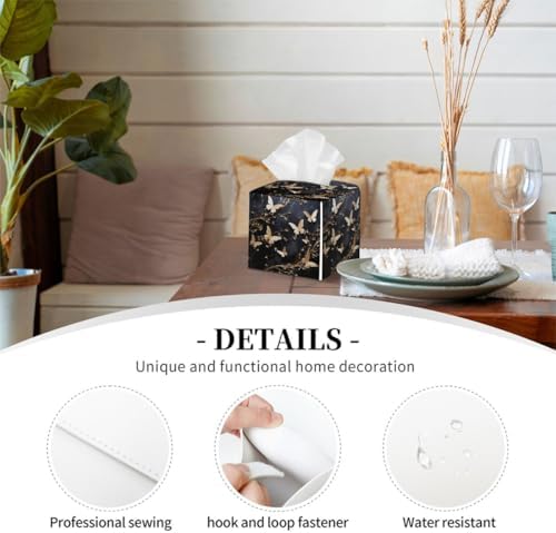 Gold Butterfly Black Marble Print Tissue Box Cover Square Leather Waterproof Tissue Box Holder for Home Office