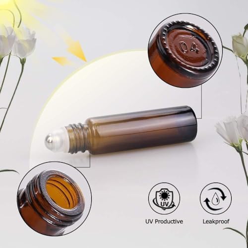 sungwoo 4 Pack Essential Oil Roller Bottles Stainless Steel, 10ml Amber Glass Roller Bottles with Caps for Travel, Perfume and Lip Gloss