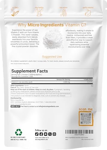 Micro Ingredients Pure Vitamin C Powder, 2.2lbs (1kg) | Unflavored Ascorbic Acid Supplements | Vitamins for Women & Men | Non-GMO, Gluten Free