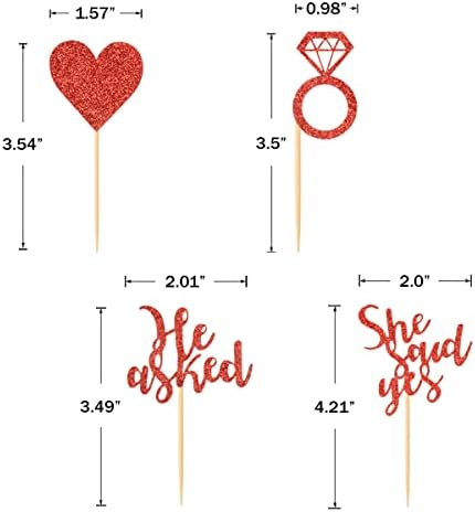 24 Pieces Red Glitter Engagement Cupcake Toppers He Asked She Said Yes Diamond Ring Heart Cupcake Picks for Wedding Bridal Shower Party Cake Decorations