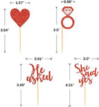 24 Pieces Red Glitter Engagement Cupcake Toppers He Asked She Said Yes Diamond Ring Heart Cupcake Picks for Wedding Bridal Shower Party Cake Decorations