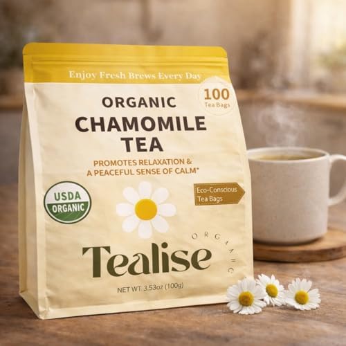 Organic Chamomile Tea Bags – Chamomile Herbal Tea – Caffeine Free Relaxation & Calm Tea – 100 Plant-Based Tea Bags – USDA Organic – Tealise