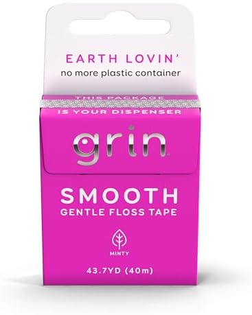 GRIN Smooth Floss Box, Gentle Floss Tape, 43.7 Yards (40M), Minty Flavor, Recyclable Packaging, 132 Feet of Gentle Floss Tape, No More Plastic Container, No Shredding or Breaking (Pack of 2)
