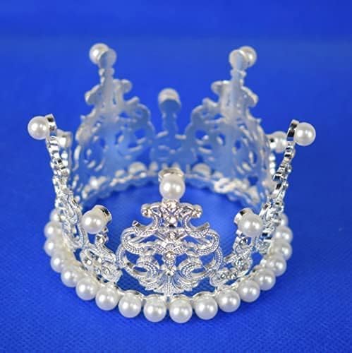 Women Girls Retro Man-made Pearl Crown Bride Tiara Cake Topper Decoration For Baby Shower Wedding Party (Silver)