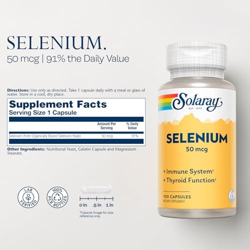 Solaray Selenium 50 mcg, Healthy Immune System, Thyroid Function & Antioxidant Support, 100 Capsules