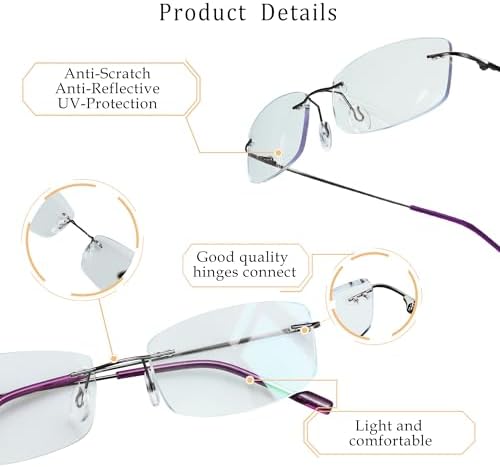 LifeArt Blue Light Blocking Computer Reading Glasses,Men's and Women's Rimless Frame (Purple, +2.25 Magnification)